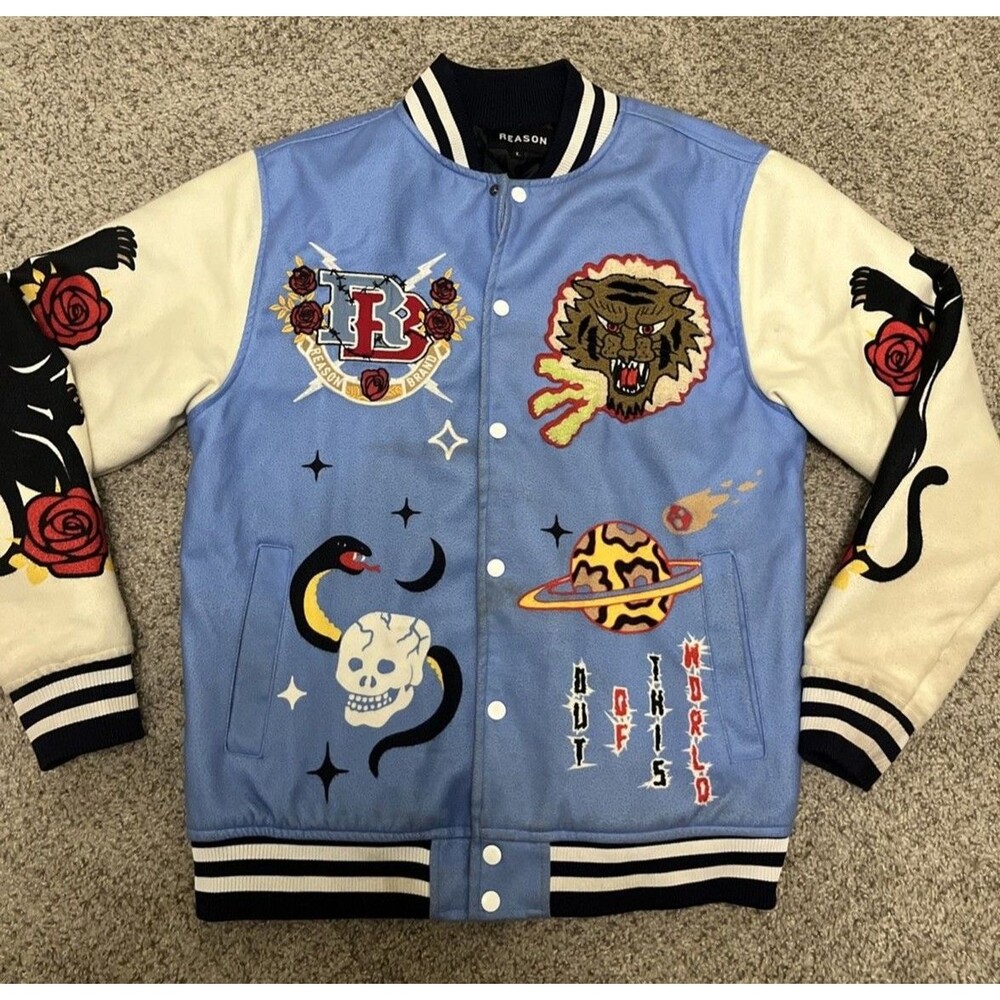 REASON Men's Retro Varsity Style Jacket 1990s Vibe Unique Artwork Size Large
